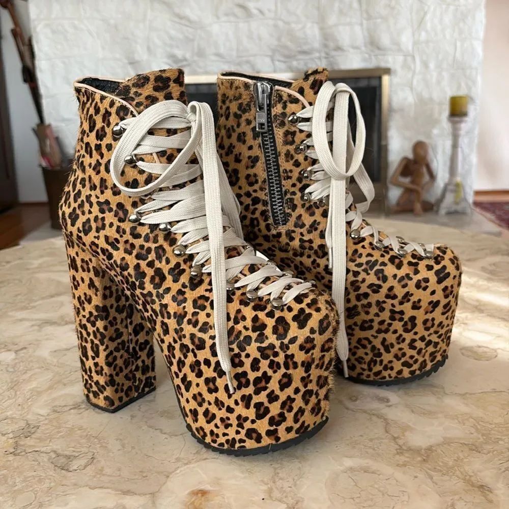 UNIF Hellbound Leopard Print Calf Hair Platform Leather Booties